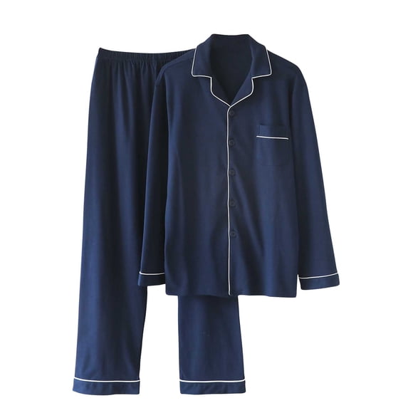Tnhcen Men's Cotton Pajama Set Long Sleeve Turn - Down Collar Solid Color Fall Winter Warmth Relaxed Fit Pocket Design Men's Sleepwear Cozy Loungewear for Guys M - XL