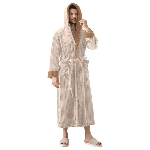 Tnhcen Men's Double - Sided Fleece Bathrobe with Hood Long Sleeve Tie Belt Plus Size M - XL Casual Home Wear Soft Warm Long Robe for Men Cozy Bed Sleepwear Spa Towel Robe