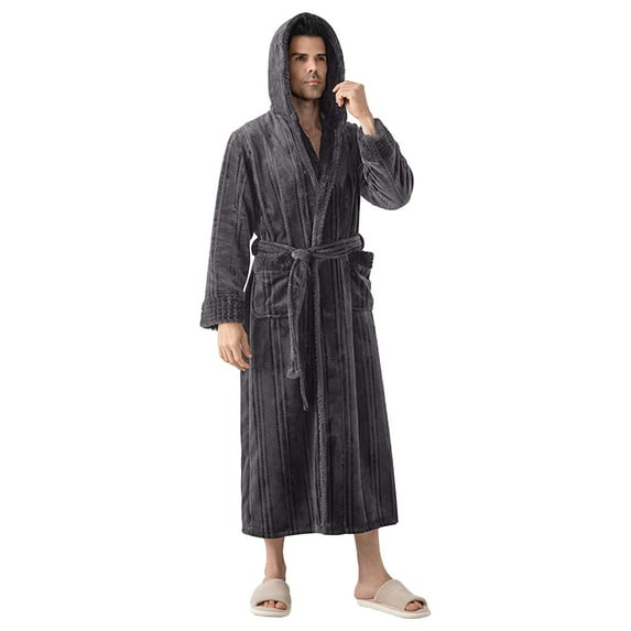 Tnhcen Men's Double - Sided Fleece Bathrobe with Hood Long Sleeve Tie Belt Plus Size M - XL Casual Home Wear Soft Warm Long Robe for Men Cozy Bed Sleepwear Spa Towel Robe