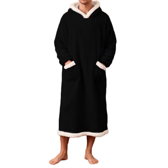 Tnhcen Men's Fleece Lined Hooded Flannel Bathrobe with Pockets Long Sleeve 100% Polyester Full Length Cozy Warm Sleepwear Loungewear Oversized S - 2XL Unisex Adult Robe