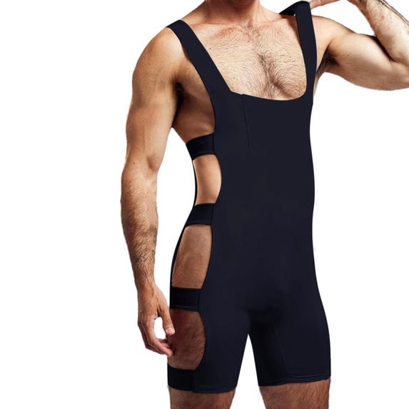 Tnhcen Men's Knit Cotton Union Suit Sexy Slim Fit Spaghetti Straps Side Cutouts Stretchy Pajama Bodysuit for Home Sleepwear
