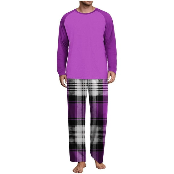 Tnhcen Men's Pajama Set Shoulder Panel Color Block Raglan Sleeve Crew Neck Shirt Plaid Pants Two - Piece Loungewear Home Wear Soft Stretch S - 3XL Sleepwear