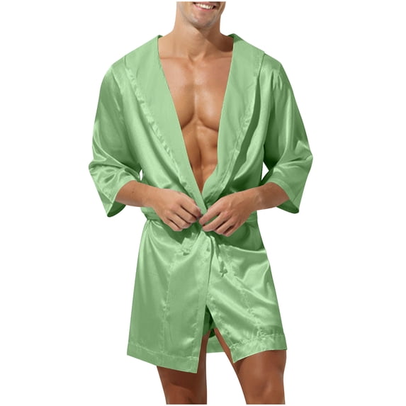 Tnhcen Men's Polyester Satin Sleep Robe with Hood, Short Sleeve Tie Front Loungewear, Men's Bathrobe M - XL, Nightwear & Spa Robe