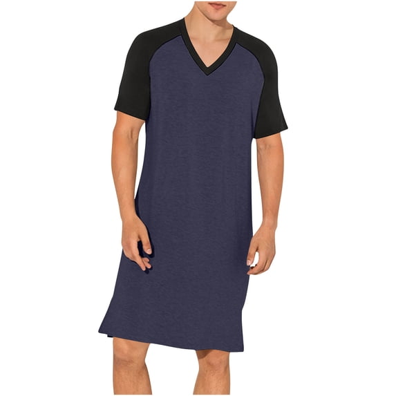 Tnhcen Men's Polyester V - Neck Short Sleeve Nightgown Knee - Length Loose Fit Pajama L - 5XL Plus Size Sleepwear