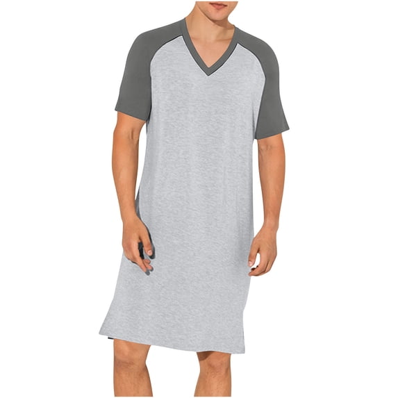 Tnhcen Men's Polyester V - Neck Short Sleeve Nightgown Knee - Length Loose Fit Pajama L - 5XL Plus Size Sleepwear