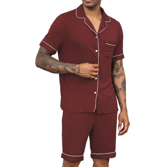 Tnhcen Men's Short Sleeve Button Front Pocket Pajama Set Sleepwear Casual Home Wear, Modal Cotton Polyester Blend (S-2XL)