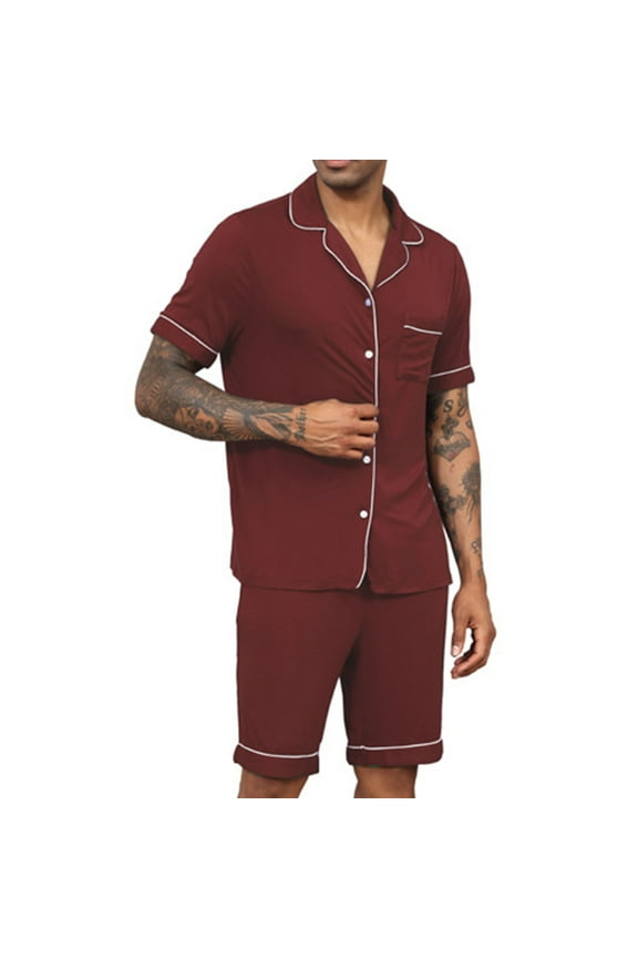 Men's Short Sleeve Button Front Pocket Pajama Set Sleepwear Casual Home Wear, Modal Cotton Polyester Blend (S-2XL)