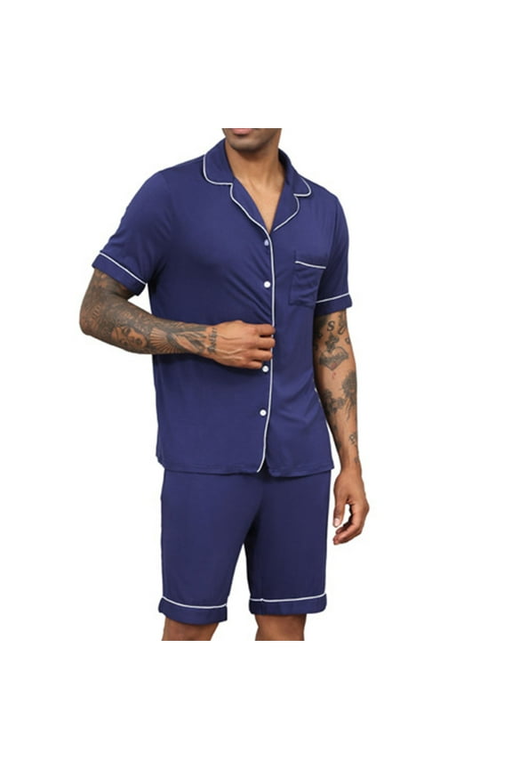 Men's Short Sleeve Button Front Pocket Pajama Set Sleepwear Casual Home Wear, Modal Cotton Polyester Blend (S-2XL)