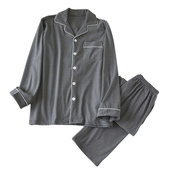 Tnhcen Men's Striped Print Pajama Set Long Sleeve Nylon Spandex Comfortable Stretchy Pocket Top Elastic Waist Pants Casual Home Sleepwear for Men M-XL