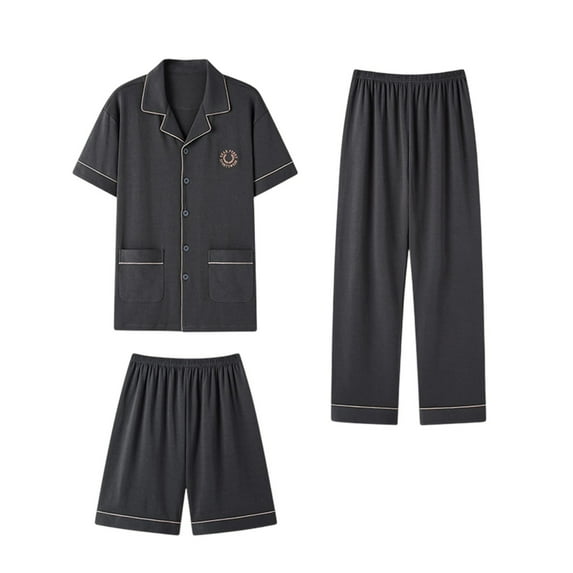 Tnhcen Men's Summer Cotton Pajama Set 3 - Piece Loose Fit Short Sleeve Plus Size Sleepwear L - 4XL Casual Home Wear
