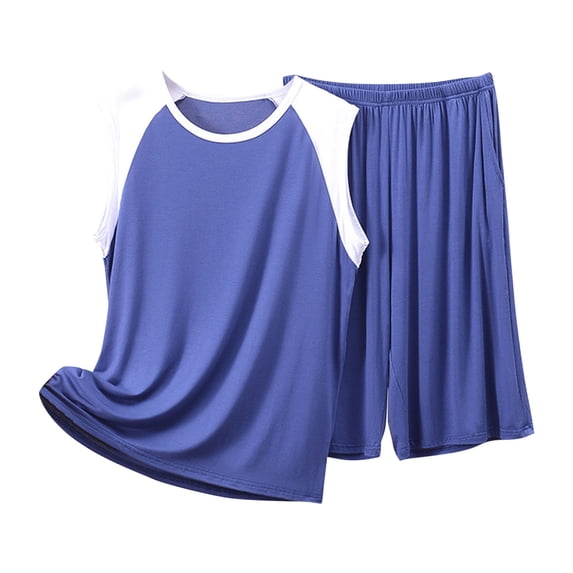Tnhcen Men's Summer Sleepwear Modal Pajama Set, Loose Fit Color Block Tank Top & Drawstring Pants, Plus Size XL-5XL, Soft Breathable Modal Home Wear