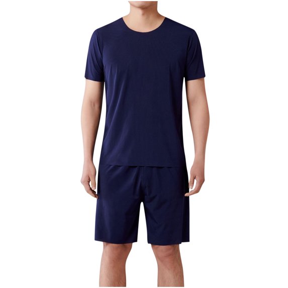 Tnhcen Men's Summer Solid Color Short Sleeve Crew Neck Elastic Waist Shorts Thin Polyester Pajama Set Sleepwear L - 4XL