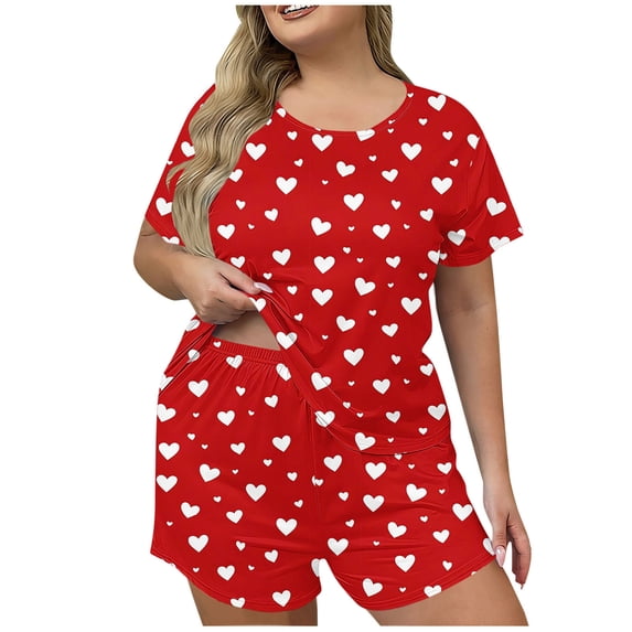 Tnhcen Plus Size 2 Piece Pajamas Set for Women Crew Neck Shorts Lounge Sets Classic Print Sleepwear Soft Loungewear XL-5XL