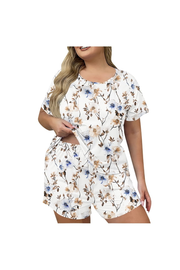 Plus Size 2 Piece Pajamas Set for Women Crew Neck Shorts Lounge Sets Classic Print Sleepwear Soft Loungewear XL-5XL
