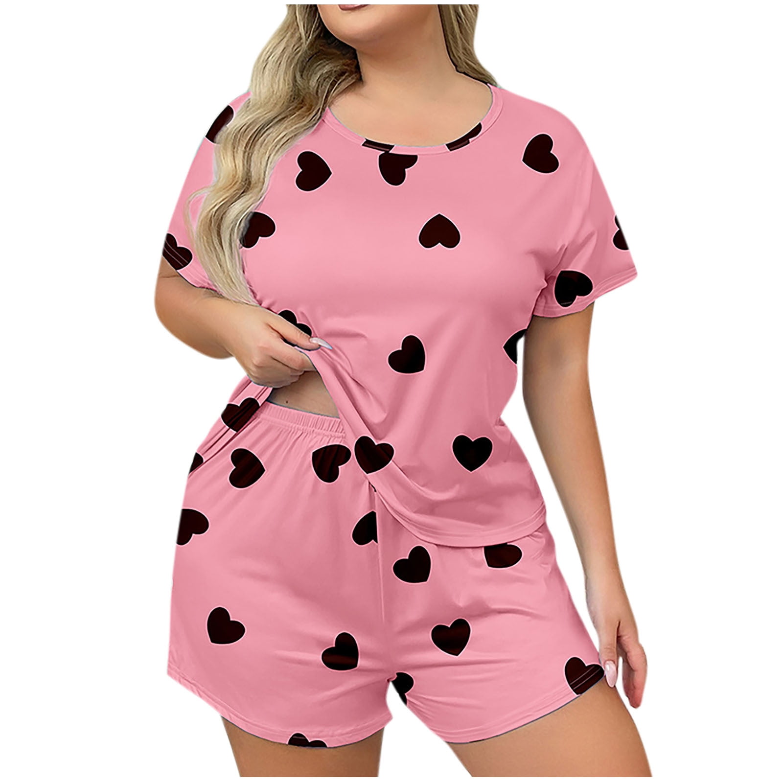Plus Size 2 Piece Pajamas Set for Women Crew Neck Shorts Lounge Sets Heart Print Sleepwear Soft Loungewear XL-5XL