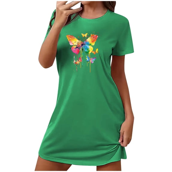 Tnhcen Plus Size Casual Loungewear – Round Neck Short Sleeve Sleep Dress with Fun Print Soft 95% Polyester 5% Spandex S-2XL for Daily Use