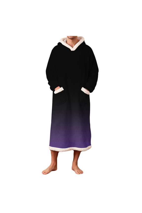 Plus Size Flannel Bathrobe with Hood & Pockets - Warm Flannel Robe for Men, Machine Washable Heated Bathrobe, Cozy Long Sleeve Flannel Pajama Robe, Winter Home Wear, S-2XL