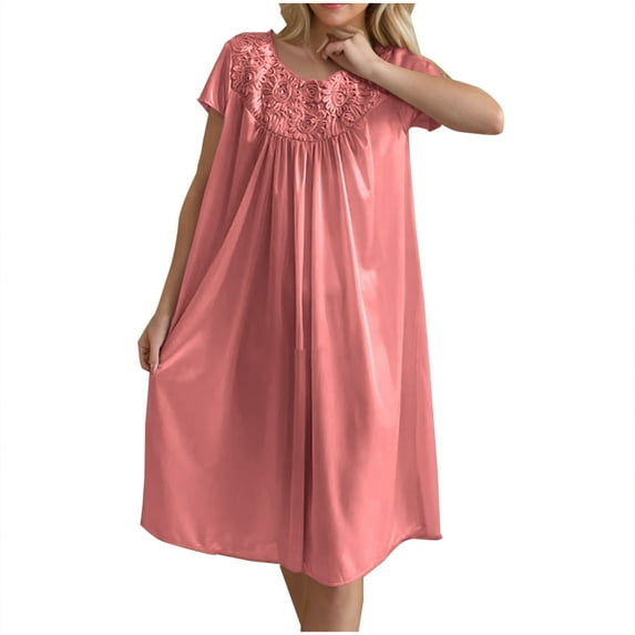 Tnhcen Plus Size Nightgown Women's Sleepwear Sexy Lace Trim Short Sleeve Nightdress Midi Length Free Size Soft Ice Silk Nightgown for Women