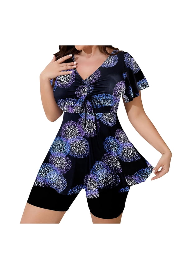 Plus Size Print Drawstring Two Piece Swimsuit High Waisted Tankini Set Swim Separates Plus Size Swimwear Casual Beachwear L-4XL