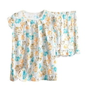 TNHCEN Plus Size Sleepwear Set Women Large Ginkgo Leaf Print Loungewear Two-Piece, Loose Fit Crewneck Sleeveless Top Wrinkled Edges Elastic Waistband Shorts XL-8XL Light Blue