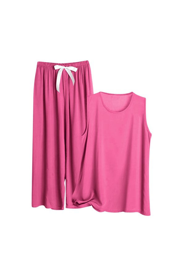 Plus Size Solid Palazzo Pajama Set Women's High-Waisted Wide Leg Sleep Pants Tank (3XL-5XL) Lightweight Flattering