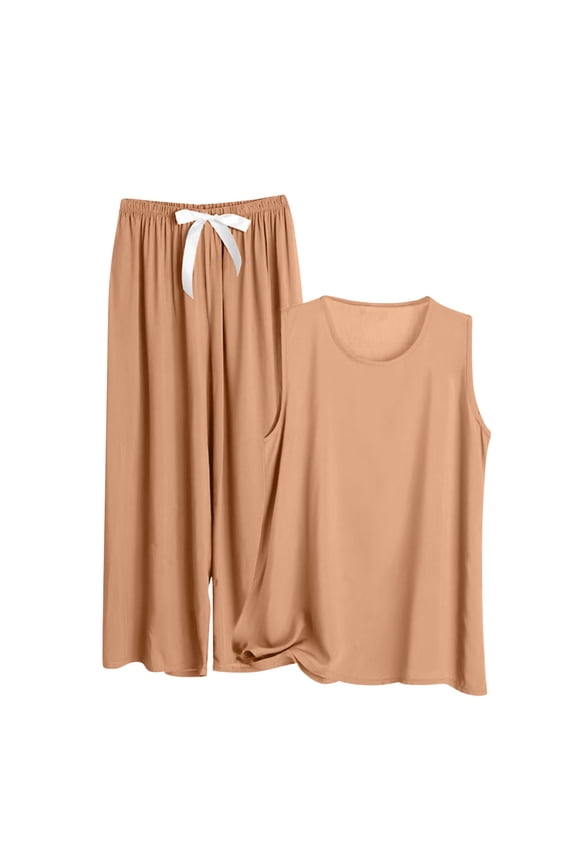 Plus Size Solid Palazzo Pajama Set Women's High-Waisted Wide Leg Sleep Pants Tank (3XL-5XL) Lightweight Flattering