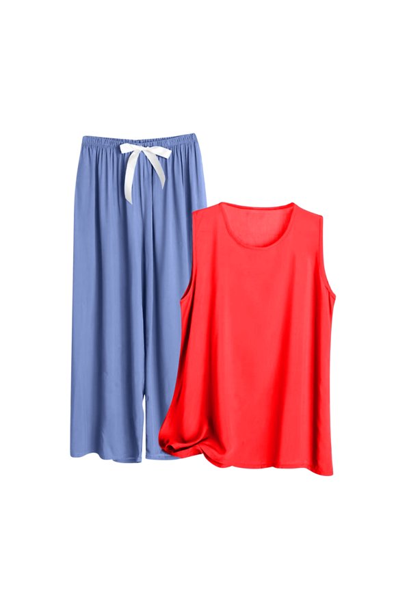 Plus Size Solid Palazzo Pajama Set Women's High-Waisted Wide Leg Sleep Pants Tank (3XL-5XL) Lightweight Flattering