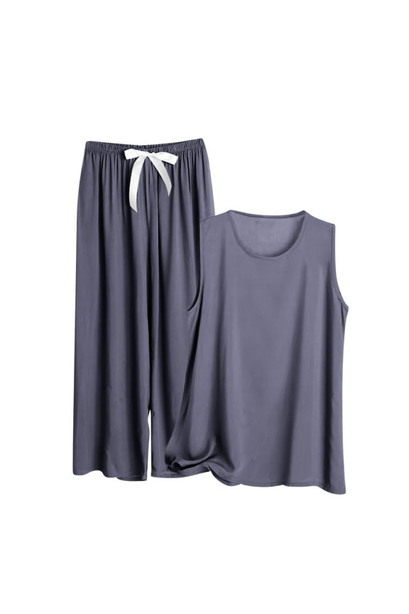 Plus Size Solid Palazzo Pajama Set Women's High-Waisted Wide Leg Sleep Pants Tank (3XL-5XL) Lightweight Flattering