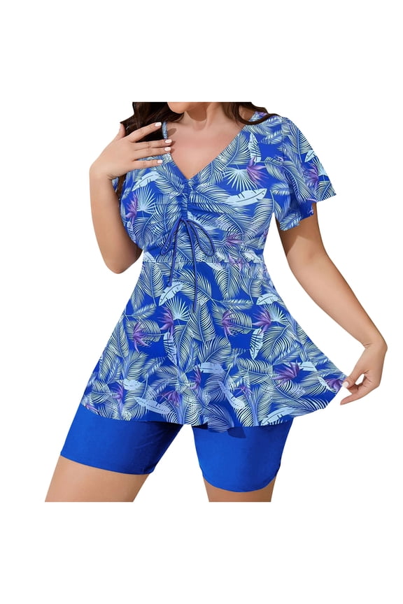 Plus Size Swimsuit Women Two Piece Set, Ruched Drawstring Swim Top w/ Sun Moon Star Print, High Waisted Swim Shorts, Nylon Spandex Plus Size Swimwear L - 4XL