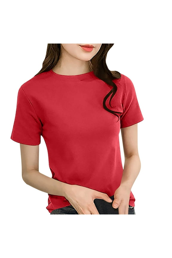 Tnhcen Plus Size Women's Basic Crewneck Short Sleeve Tee - Stretchy Nylon Spandex Solid Color Summer Essential M-2XL Loose Fit Casual Blouse