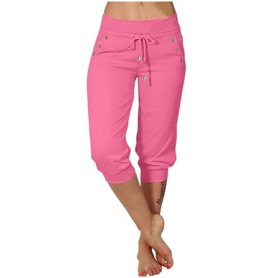 Tnhcen Plus Size Women's Capri Pants 3XL-5XL Low-Rise Straight-Leg Casual Pants with Drawstring Waist & Button Pockets Stretch Gabardine Pull-On Trousers