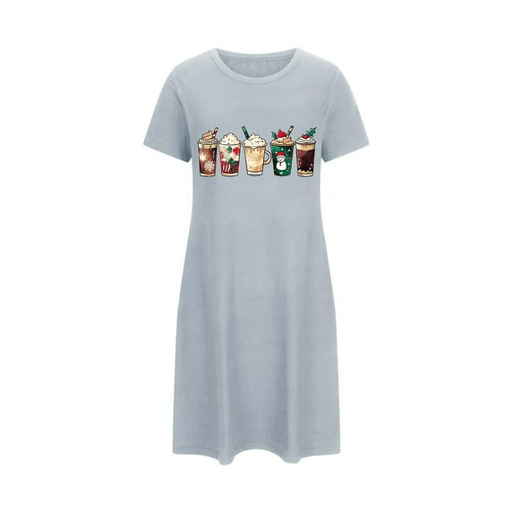 Tnhcen Plus Size Women's Christmas Cute Print Sleepwear Short Sleeve Round Neck Short Dress Soft Polyester Spandex S-2XL for Home/Lounging