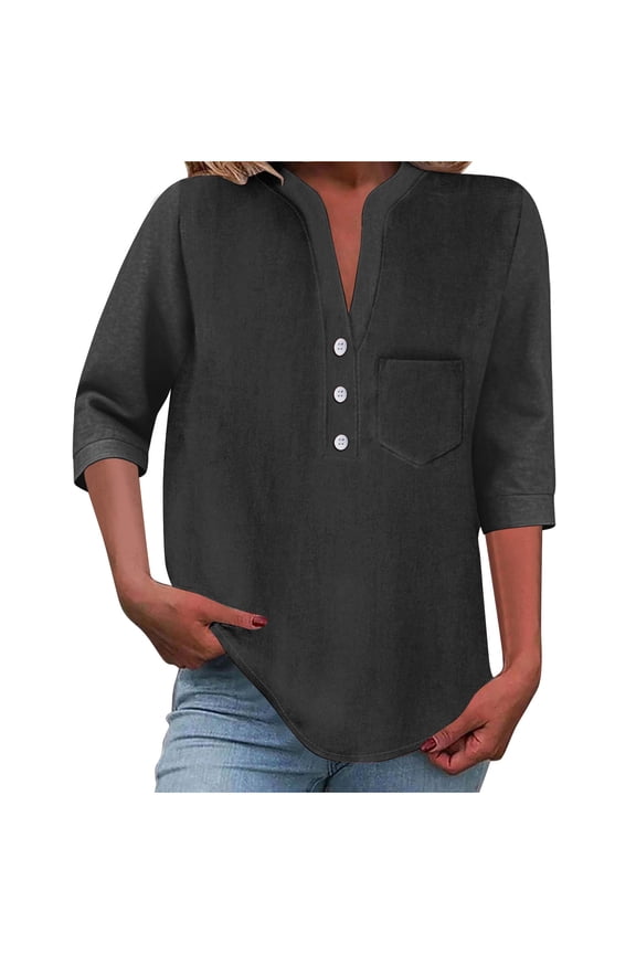 Plus Size Women's Cotton Button-Up Henley Shirt - Loose Fit Pocket Summer Essential, 100% Cotton Relaxed Top S-5XL Casual Breathable