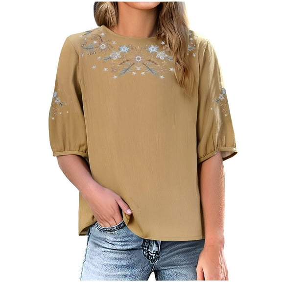 Tnhcen Plus Size Women's Cotton Linen Style Embroidered Crewneck Short Sleeve Tee Loose Fit Summer Essential S-2XL Casual Basic