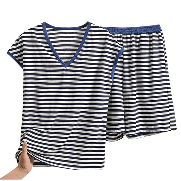 Tnhcen Plus Size Women's Fashion Striped V-Neck Loose Sleeveless Sleep Set with Pockets (Top Shorts) XL-5XL Pajamas Loungewear Homewear