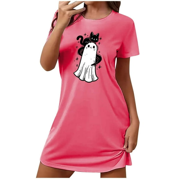 Tnhcen Plus Size Women's Halloween Cartoon Print Sleepwear Short Sleeve Round Neck Short Dress Soft Polyester Spandex S-2XL for Party/Home Lounging