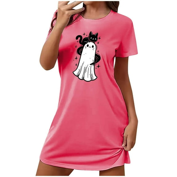 Tnhcen Plus Size Women's Halloween Cartoon Print Sleepwear Short Sleeve Round Neck Short Dress Soft Polyester Spandex S-2XL for Party/Home Lounging