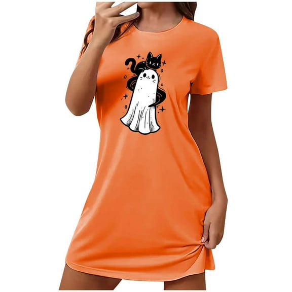 Tnhcen Plus Size Women's Halloween Cartoon Print Sleepwear Short Sleeve Round Neck Short Dress Soft Polyester Spandex S-2XL for Party/Home Lounging