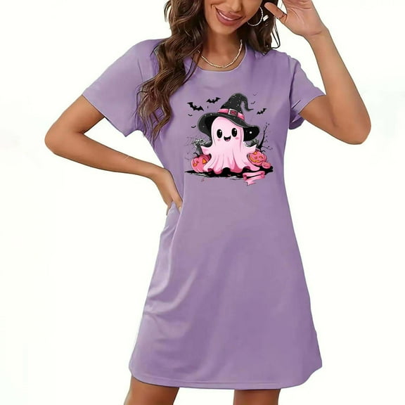 Tnhcen Plus Size Women's Halloween Sleepwear Double-Sided Fleece Pajama Dresses S-2XL Soft Comfortable Home Wear with Stretch