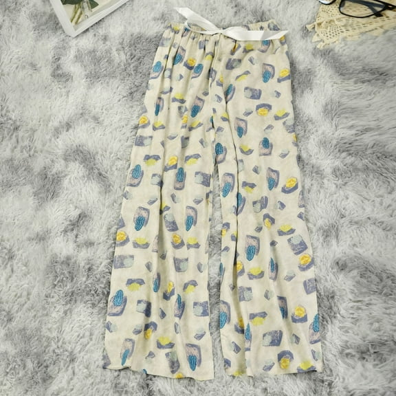 Tnhcen Plus Size Women's Retro Floral Print Cotton Wide Leg Trousers - Loose Fit Long Pants for Casual Wear & Sleep Breathable & Comfy Wide Leg Pants for Women Free Size