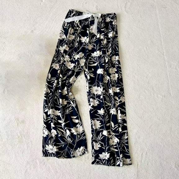 Tnhcen Plus Size Women's Retro Floral Print Cotton Wide Leg Trousers - Loose Fit Long Pants for Casual Wear & Sleep Breathable & Comfy Wide Leg Pants for Women Free Size