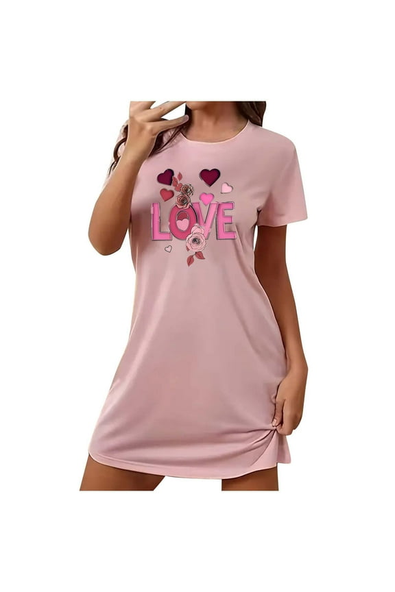 Plus Size Women's Romantic Heart Print Sleep Dress Short Sleeve Crew Neck Short Dress Soft Polyester Spandex S-2XL for Cozy Home/Lounging