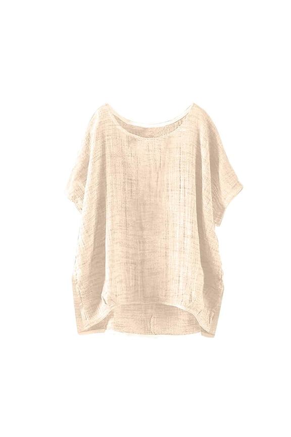 Plus Size Women's Summer Breathable Cotton Linen Crewneck Short Sleeve Top - Loose Fit Side Slit Solid Color S-5XL Casual Essential