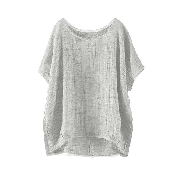 Tnhcen Plus Size Women's Summer Breathable Cotton Linen Crewneck Short Sleeve Top - Loose Fit Side Slit Solid Color S-5XL Casual Essential