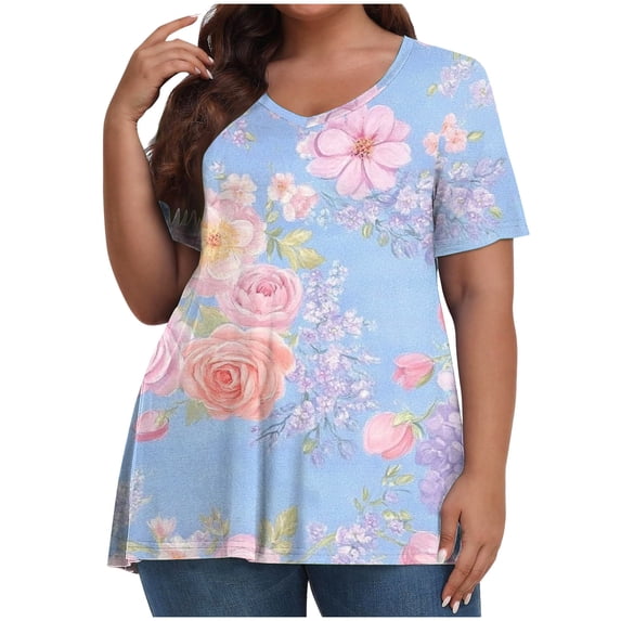 Tnhcen Plus Size Women's Summer Floral Print Loose Fit Short Sleeve T-Shirt | Stretchy Breathable Big & Tall Sizes (XL-5XL) | Casual Daily Beach Wear