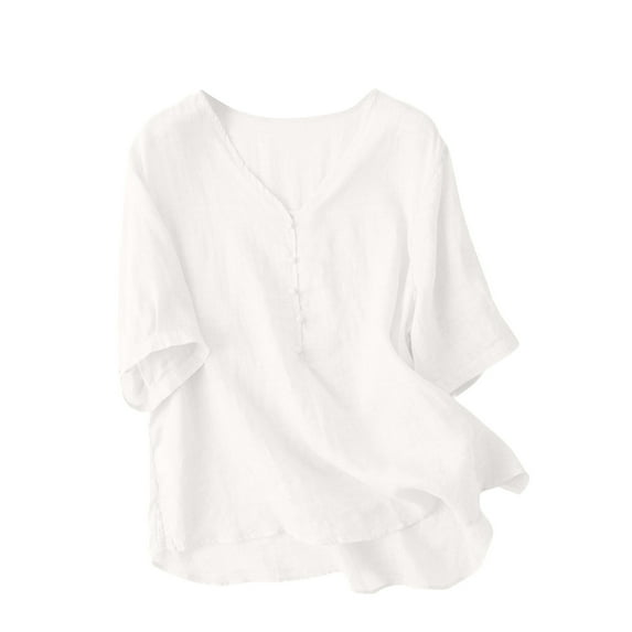 Tnhcen Plus Size Women's Summer Loose Fit V-Neck Cotton Linen Shirt - Breathable Retro Pure Color Casual Essential M-3XL Natural Fabric