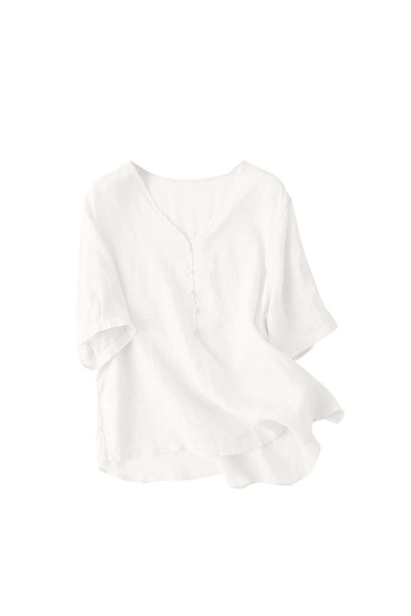 Plus Size Women's Summer Loose Fit V-Neck Cotton Linen Shirt - Breathable Retro Pure Color Casual Essential M-3XL Natural Fabric