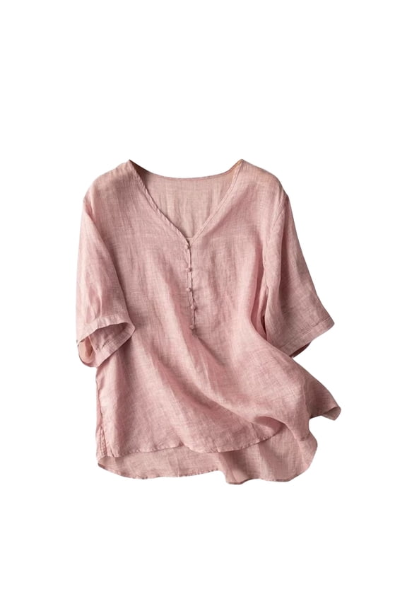 Plus Size Women's Summer Loose Fit V-Neck Cotton Linen Shirt - Breathable Retro Pure Color Casual Essential M-3XL Natural Fabric