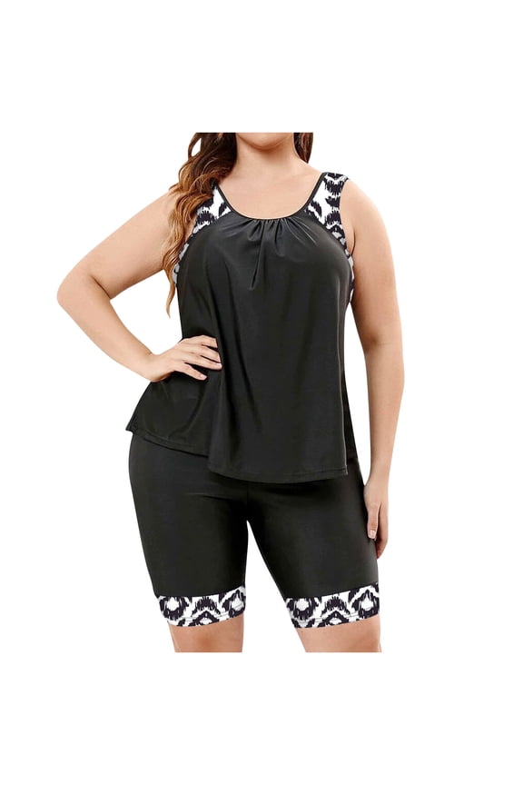 Plus Size Women's Tankini Swim Set, High Waisted Bottoms, Matte Nylon Spandex, Striped Detail, Quick Dry, Tummy Control Swimsuit L - 4XL