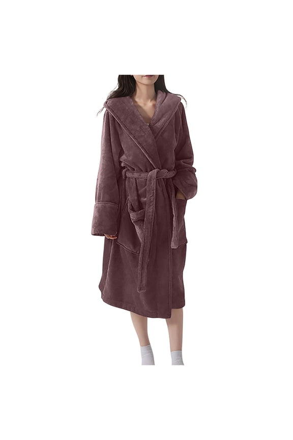 Plus Size Women's Winter Warm Bathrobe 2025 - Thick Coral Fleece Hooded Robe with Pockets Quick-Dry & Super Soft for Cozy Nights Free Size